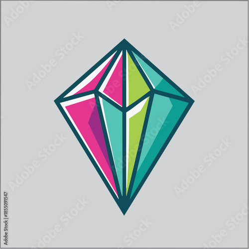 Colorful diamond illustration with pink, green, and teal facets outlined in dark teal on a gray background.