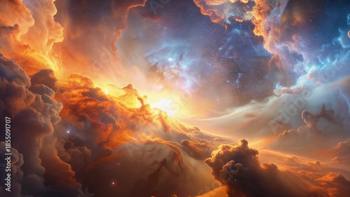 Nebula interior ambience moody and revealed through drifting haze with warm leak pulses and subtle particle glow spreading naturally across cosmic horizon depth