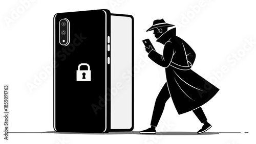 Man in trench coat and hat using smartphone near large locked phone