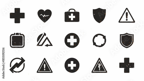 Collection of Grunge-Style Health, Safety, and Warning Icons Medical Crosses, Shields, and Hazard Symbols
