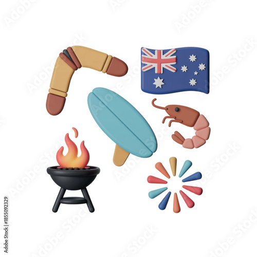 Australia Day 3D Clay Icon Set  National Celebration Symbols