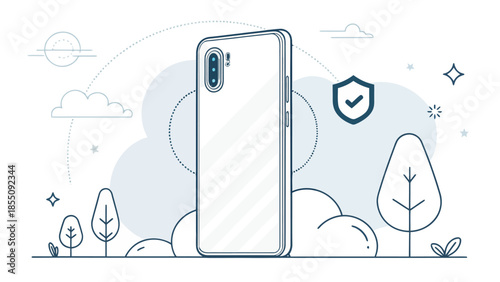 Modern smartphone with security shield and natural scenery background