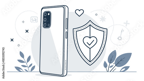 Mobile phone with shield and heart symbol for secure protection
