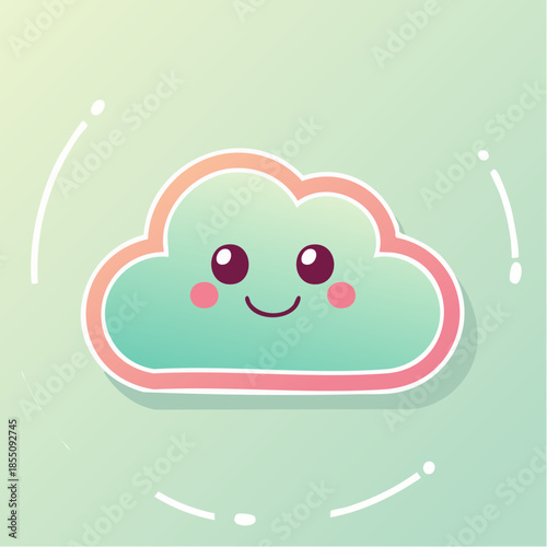 Cute cartoon cloud with a happy face and pink cheeks on a light green background.