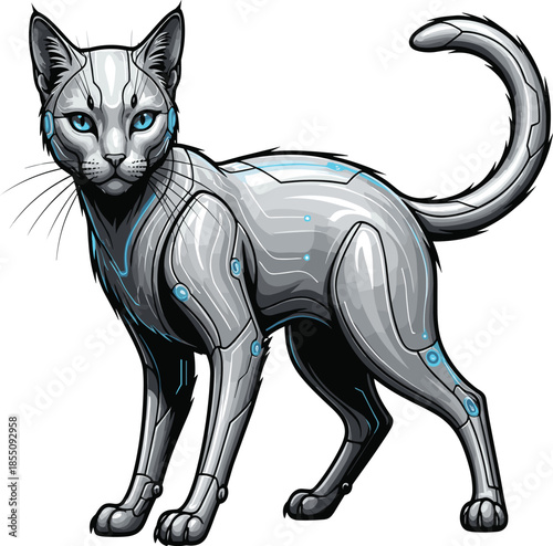 Futuristic Robotic Cat Vector Illustration with Cyberpunk Mecha Design Isolated on White