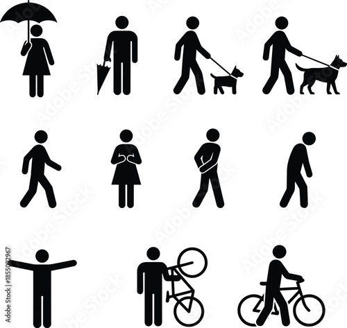 Black and white of people walking with umbrellas dogs bicycles and holding hands