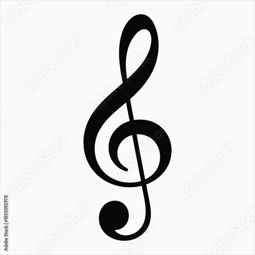 A bold black treble clef symbol stands prominently against a clean white backdrop representing musical notation