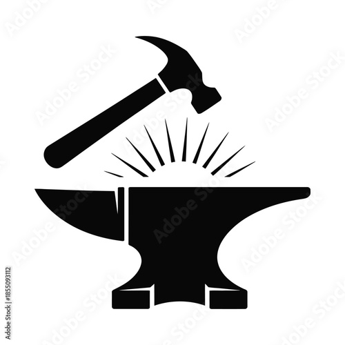 Hammer striking anvil with sparks