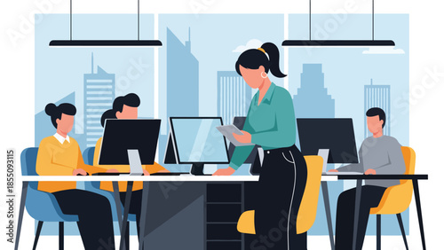 Modern flat vector illustration of people working in a bright office with desks and city view, friendly rounded shapes, solid colors, ideal for business websites
