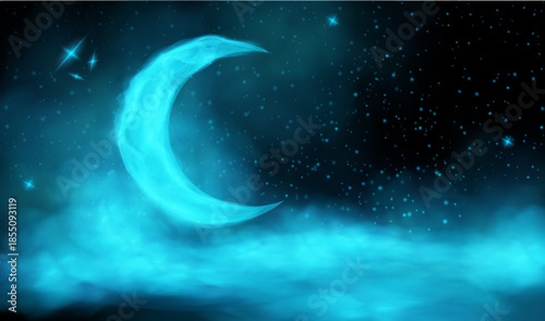 Night landscape with moon and stars. Thick fog and smoke. Night view. Vector illustration.