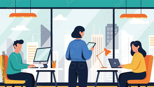 Modern flat vector illustration of people working in a bright office with desks and city view, friendly rounded shapes, solid colors, ideal for business websites