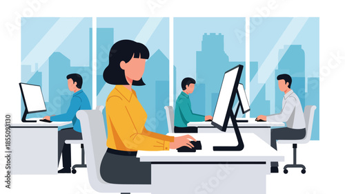 Modern flat vector illustration of people working in a bright office with desks and city view, friendly rounded shapes, solid colors, ideal for business websites