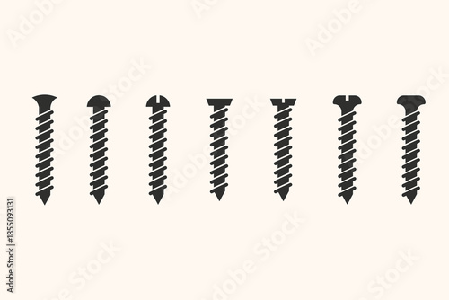 Set of screw icon vectors in a clean minimal style. Suitable for construction, engineering, hardware tools, industrial design, manuals, and technical illustrations.