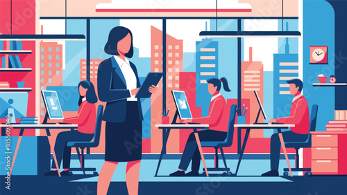 Modern flat vector illustration of people working in a bright office with desks and city view, friendly rounded shapes, solid colors, ideal for business websites