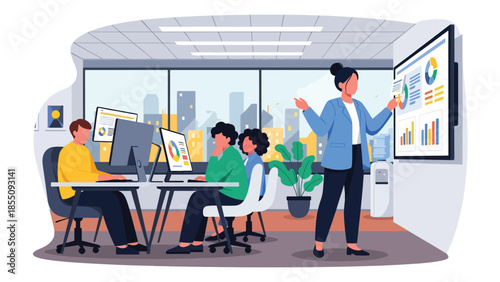 Modern flat vector illustration of people working in a bright office with desks and city view, friendly rounded shapes, solid colors, ideal for business websites