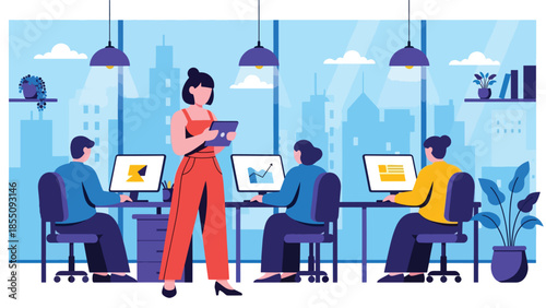 Modern flat vector illustration of people working in a bright office with desks and city view, friendly rounded shapes, solid colors, ideal for business websites