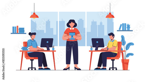 Modern flat vector illustration of people working in a bright office with desks and city view, friendly rounded shapes, solid colors, ideal for business websites