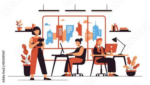 Modern flat vector illustration of people working in a bright office with desks and city view, friendly rounded shapes, solid colors, ideal for business websites