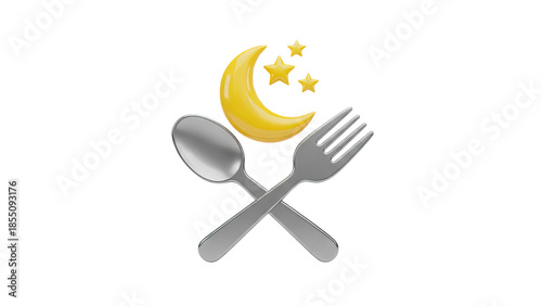 3D Moon and Stars with Spoon and Fork Icon on transparent background