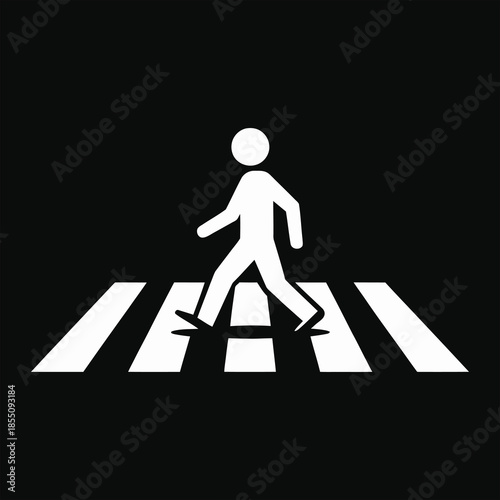 A crisp white pedestrian walking figure crosses a clearly marked white striped road on a dark black surface