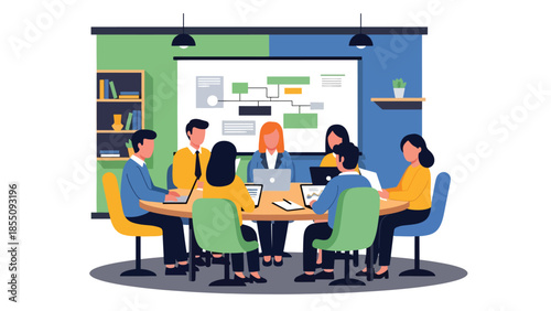 Modern flat vector illustration of office team meeting in conference room with laptops and whiteboard, friendly style, ideal for corporate presentations