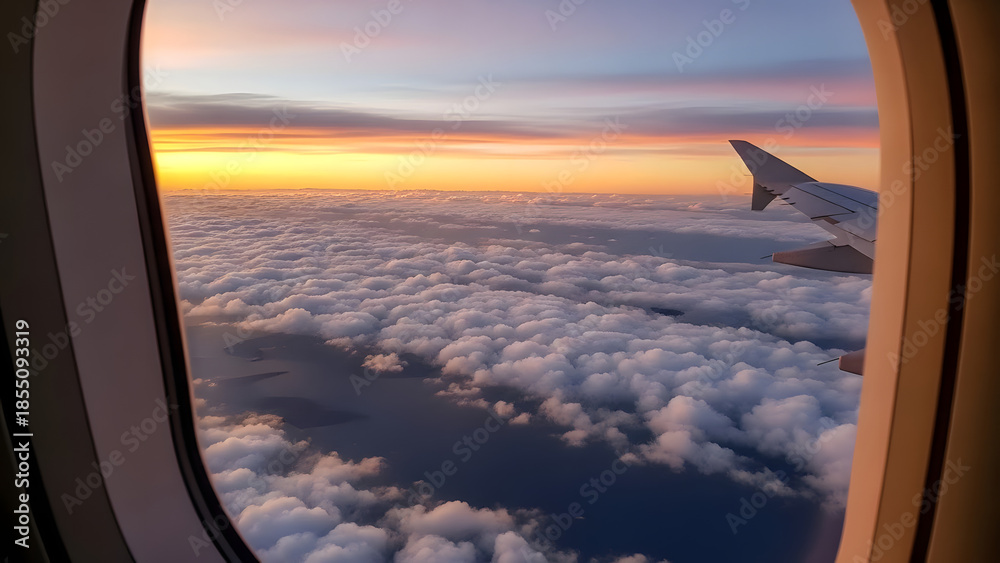 Obraz premium View from airplane window showing wing above soft clouds at sunset, colorful sky