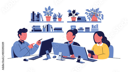 Modern flat vector illustration of people collaborating in open-plan office with shared desks and plants, friendly rounded style, ideal for business content