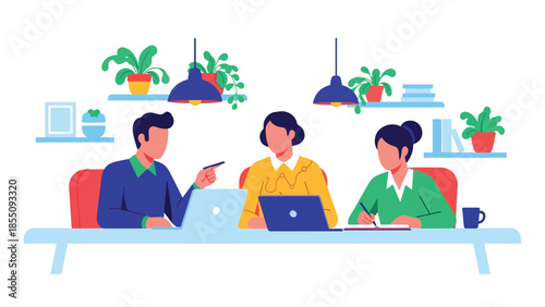 Modern flat vector illustration of people collaborating in open-plan office with shared desks and plants, friendly rounded style, ideal for business content