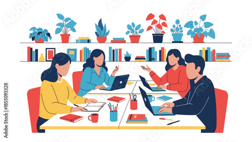 Modern flat vector illustration of people collaborating in open-plan office with shared desks and plants, friendly rounded style, ideal for business content
