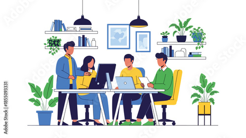 Modern flat vector illustration of people collaborating in open-plan office with shared desks and plants, friendly rounded style, ideal for business content