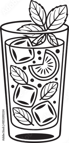 A refreshing glass of iced tea with lemon and mint hand drawn style