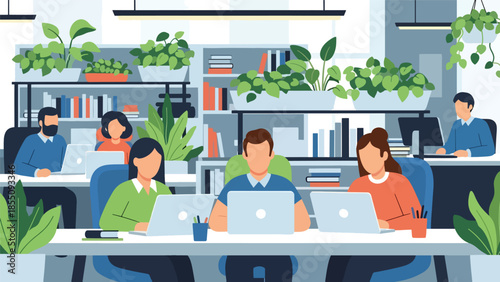 Modern flat vector illustration of people collaborating in open-plan office with shared desks and plants, friendly rounded style, ideal for business content