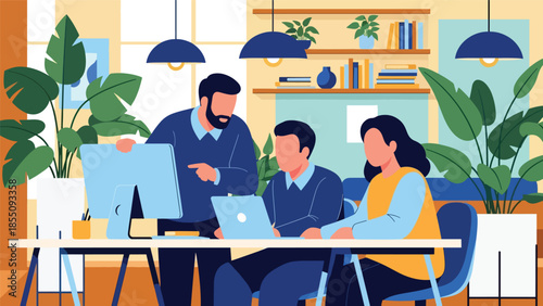 Modern flat vector illustration of people collaborating in open-plan office with shared desks and plants, friendly rounded style, ideal for business content