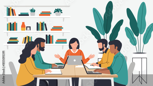 Modern flat vector illustration of people collaborating in open-plan office with shared desks and plants, friendly rounded style, ideal for business content