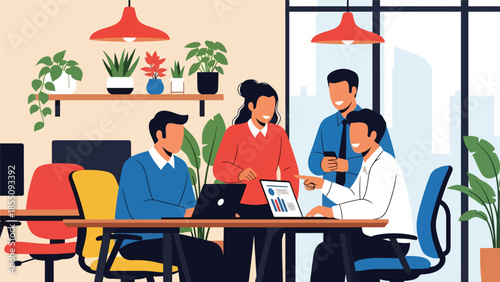 Modern flat vector illustration of people collaborating in open-plan office with shared desks and plants, friendly rounded style, ideal for business content