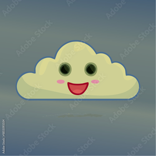 A cartoon cloud with a happy face, featuring a smile, rosy cheeks, and big eyes.