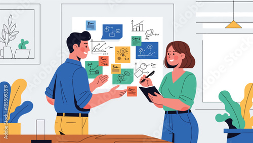 Modern flat vector illustration of casual office teamwork discussion with sticky notes and ideas, friendly rounded shapes, ideal for creative business use