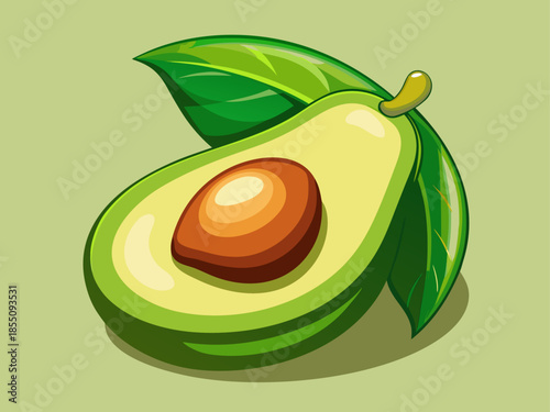 Fresh halved avocado with leaf on green background