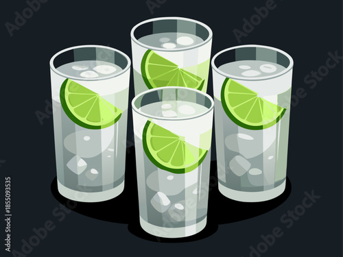 Refreshing glasses of lime water with ice cubes on dark background