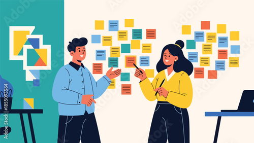 Modern flat vector illustration of casual office teamwork discussion with sticky notes and ideas, friendly rounded shapes, ideal for creative business use