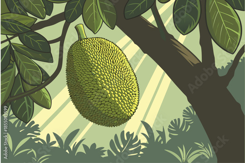 Vibrant green jackfruit hanging from tree branch in lush tropical setting