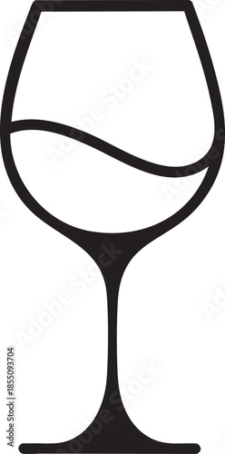 A simple black and white illustration of a wine glass with liquid