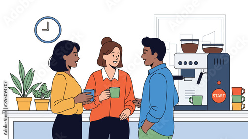 Modern flat vector illustration of coworkers chatting during office coffee break near kitchen area, friendly rounded shapes, ideal for lifestyle business content