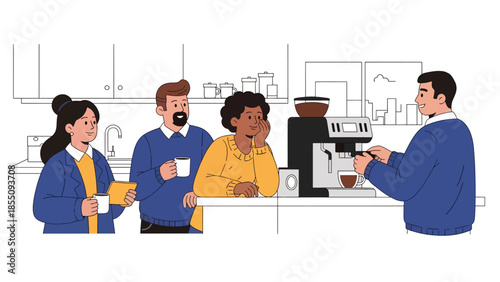 Modern flat vector illustration of coworkers chatting during office coffee break near kitchen area, friendly rounded shapes, ideal for lifestyle business content