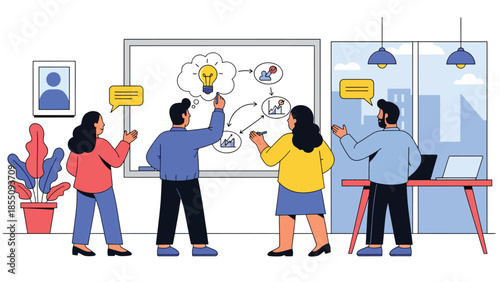 Modern flat vector illustration of office brainstorming session with people writing ideas on whiteboard, friendly rounded shapes, ideal for innovation themes