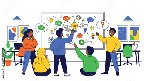 Modern flat vector illustration of office brainstorming session with people writing ideas on whiteboard, friendly rounded shapes, ideal for innovation themes