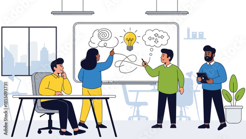 Modern flat vector illustration of office brainstorming session with people writing ideas on whiteboard, friendly rounded shapes, ideal for innovation themes