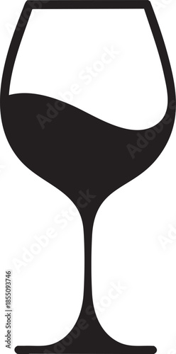Simple black and white illustration of a wine glass filled with liquid