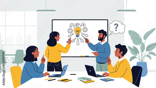 Modern flat vector illustration of office brainstorming session with people writing ideas on whiteboard, friendly rounded shapes, ideal for innovation themes