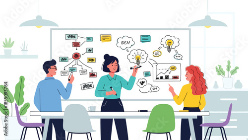 Modern flat vector illustration of office brainstorming session with people writing ideas on whiteboard, friendly rounded shapes, ideal for innovation themes